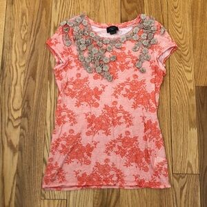 Anthropologie Deletta Cap Sleeve Floral Print Shirt with Floral Appliqués Size M
